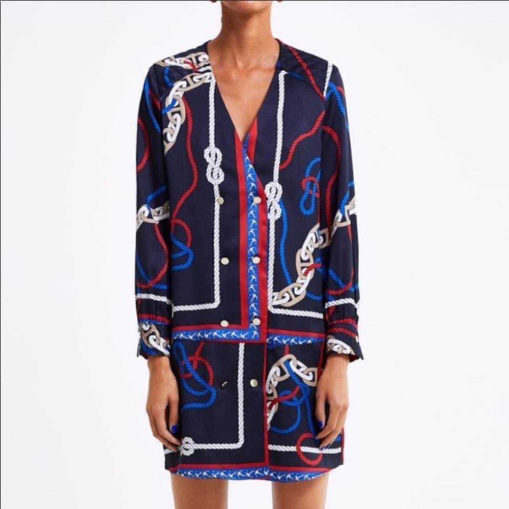 Zara Nautical Rope Knot Print Double Breasted Blazer Dress Size Small